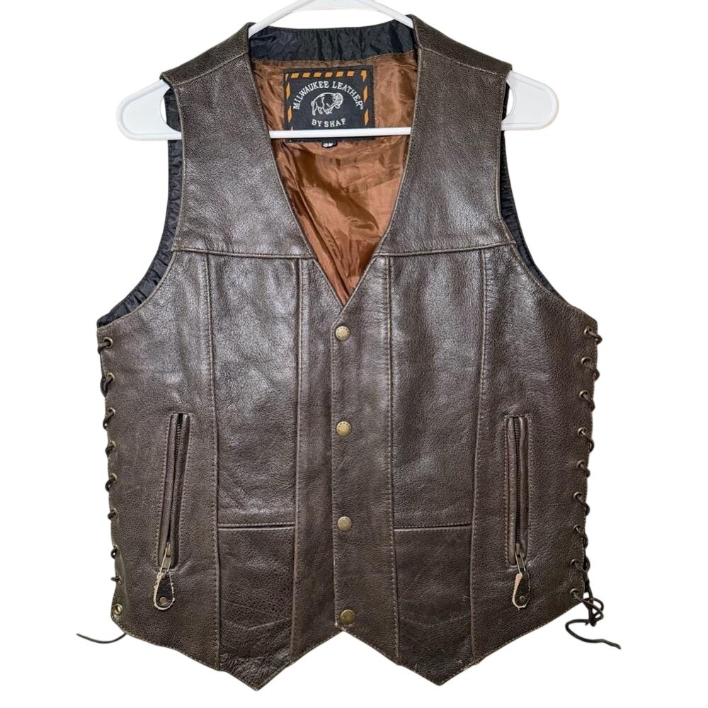 Milwaukee Leather by SHAF Men's Brown Leather Vest Size 38 Lace‎ Side Biker